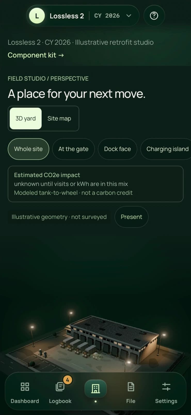 Dulywell Design on a phone, with the three-dimensional yard and retrofit controls.